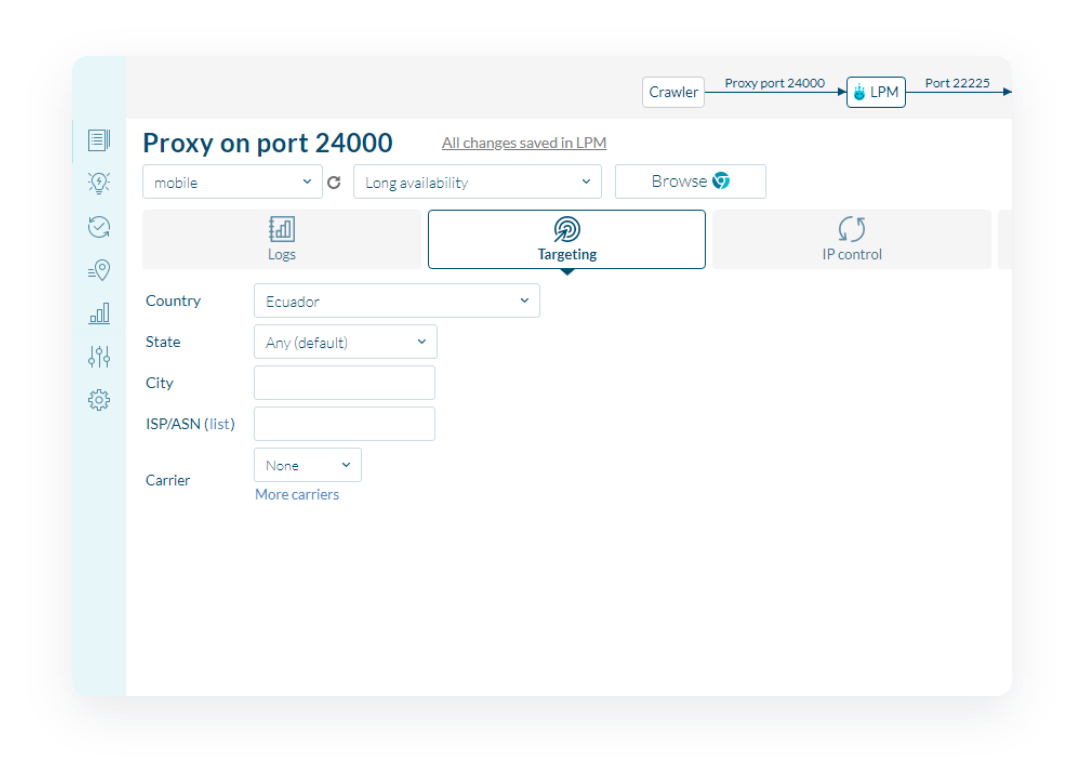 Rotating proxies choosing a target country/state/city/ISP/carrier