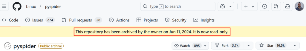 Pyspider 的 GitHub 仓库已归档