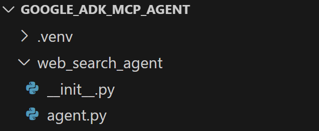 名为 "GOOGLE_ADK_MCP_AGENT "的 Python 项目的文件结构，包括一个虚拟环境目录".venv "和一个包含两个 Python 文件的子目录 "web_search_agent"：__init__.py' 和 'agent.py'。