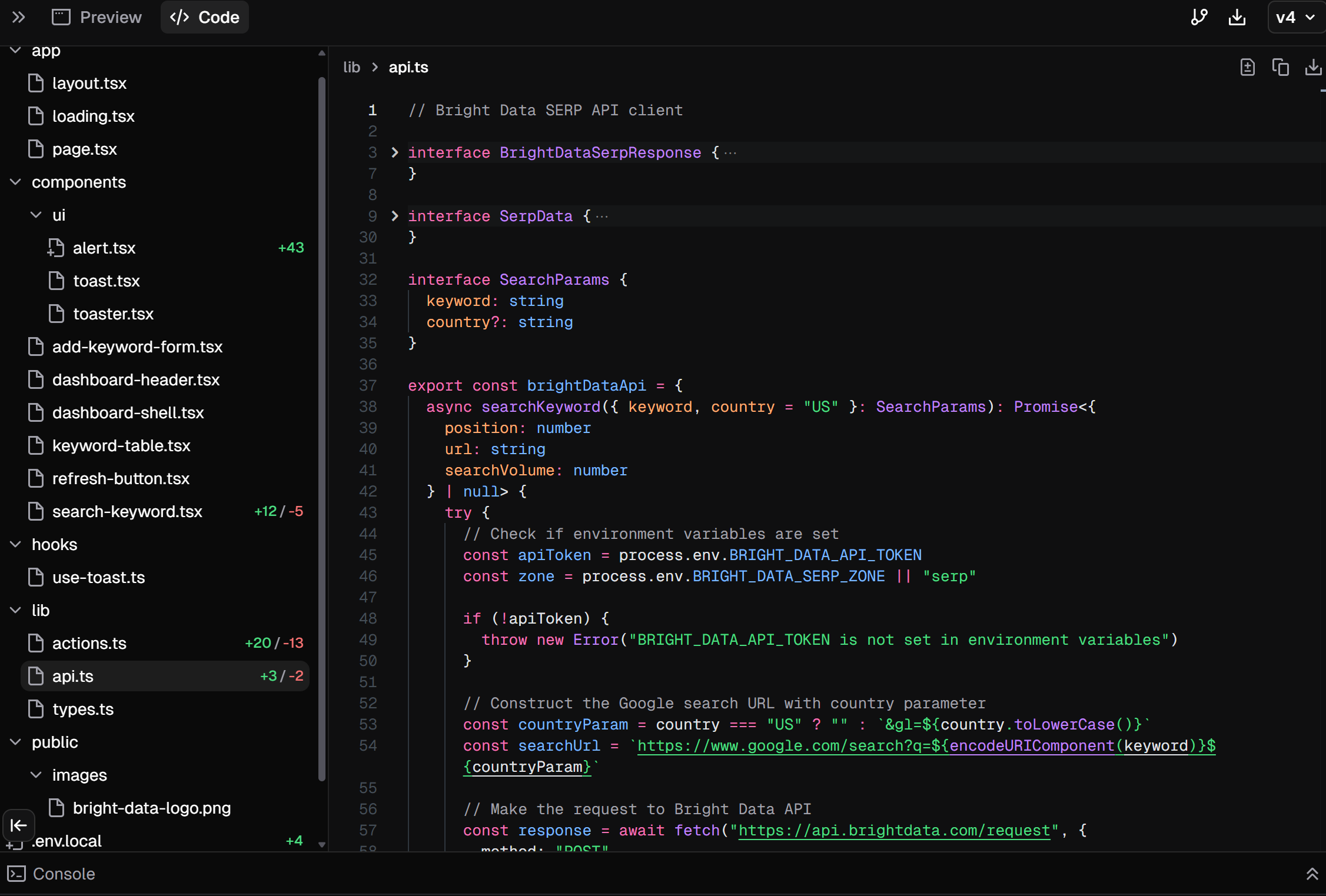 代码编辑器界面显示了 Bright Data SERP API 客户端的 TypeScript 代码。代码包括响应和搜索参数的接口定义，以及用于搜索关键字、检查环境变量和根据输入参数构建 Google 搜索 URL 的导出异步函数。