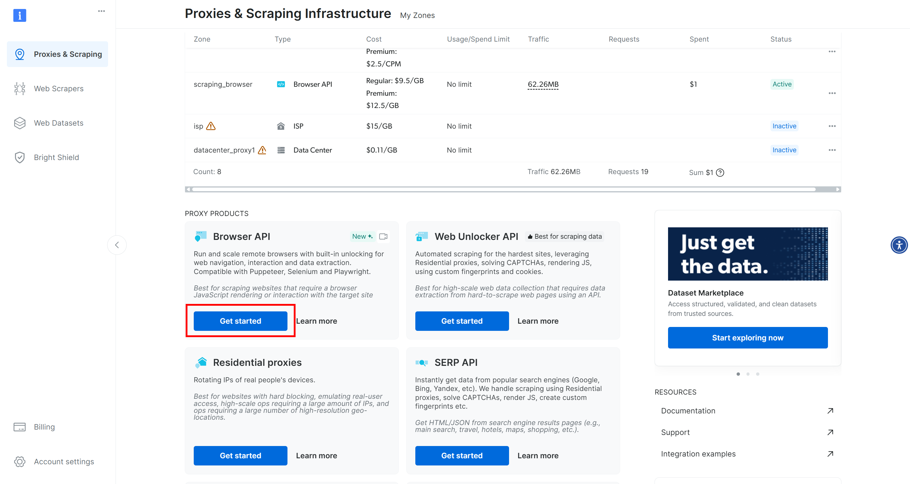一个用户界面，展示了代理与爬虫基础设施的相关信息，包括 Browser API、Residential proxies 和 Web Unlocker API 等服务的费用与状态，并在显著位置以红色高亮显示 “Get started” 按钮。界面布局包含了左侧的导航菜单，以及包含文档与支持等资源链接的区域。