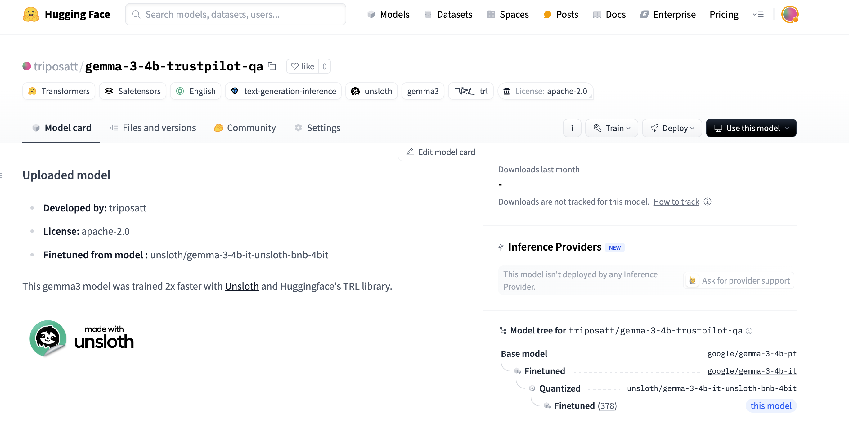 Hugging Face 的 "triposatt/gemma-3-4b-trustpilot-qa "模型卡截图，显示了该模型的详细信息，包括开发者、许可证以及使用 Unsloath 和 Hugging Face 的 TRL 库进行微调的信息。