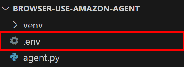 在编码环境中，.env 文件突出显示在 "BROWSER-USE-AMAZON-AGENT "部分下的目录结构中。