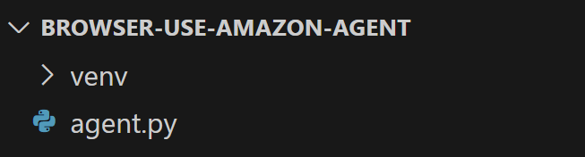 在代码编辑器中展示的文件树结构，显示一个名为 “BROWSER-USE-AMAZON-AGENT” 的项目，其中包含名为 “venv” 的虚拟环境文件夹，并突出显示名为 “agent.py” 的 Python 文件。