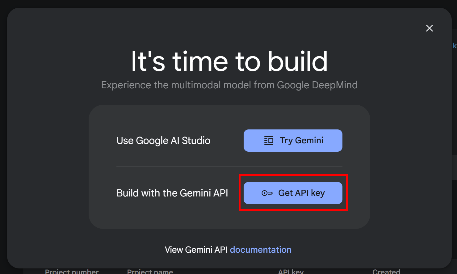 一个名为 "是时候构建 "的弹出窗口显示了使用 Google AI Studio 和获取双子座应用程序接口 API 密钥的选项，其中有两个蓝色按钮，分别标有 "试用双子座 "和 "获取 API 密钥"。