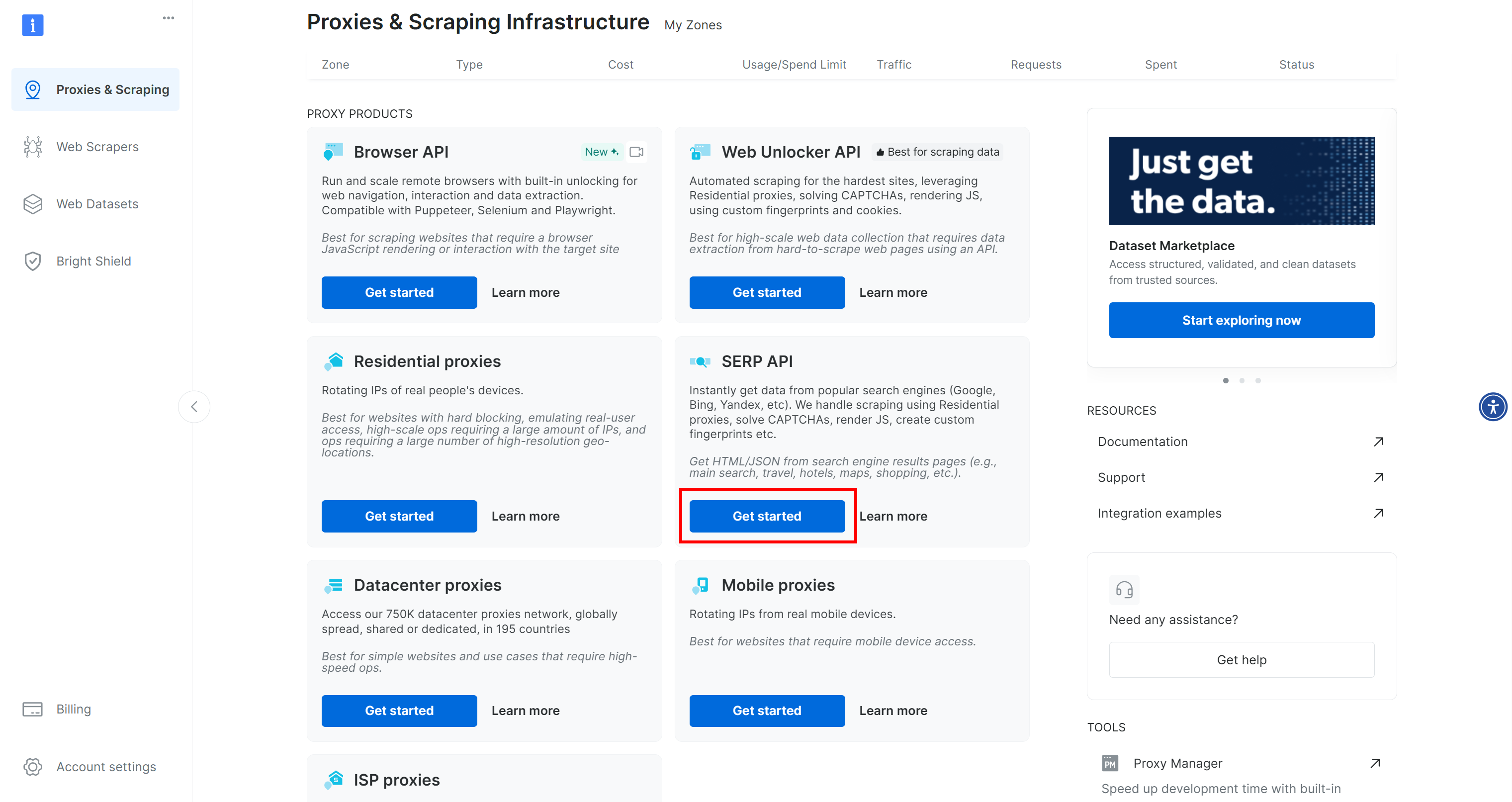 显示各种代理产品（包括浏览器 API、住宅代理、数据中心代理、SERP API 和移动代理）的网页界面截图，每个产品都有一个 "开始 "按钮。布局包括侧边栏导航，其中有网络清除器、数据集、计费和账户设置选项。