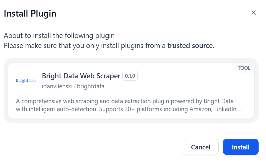 安装 Bright Data 最新的 Dify 插件