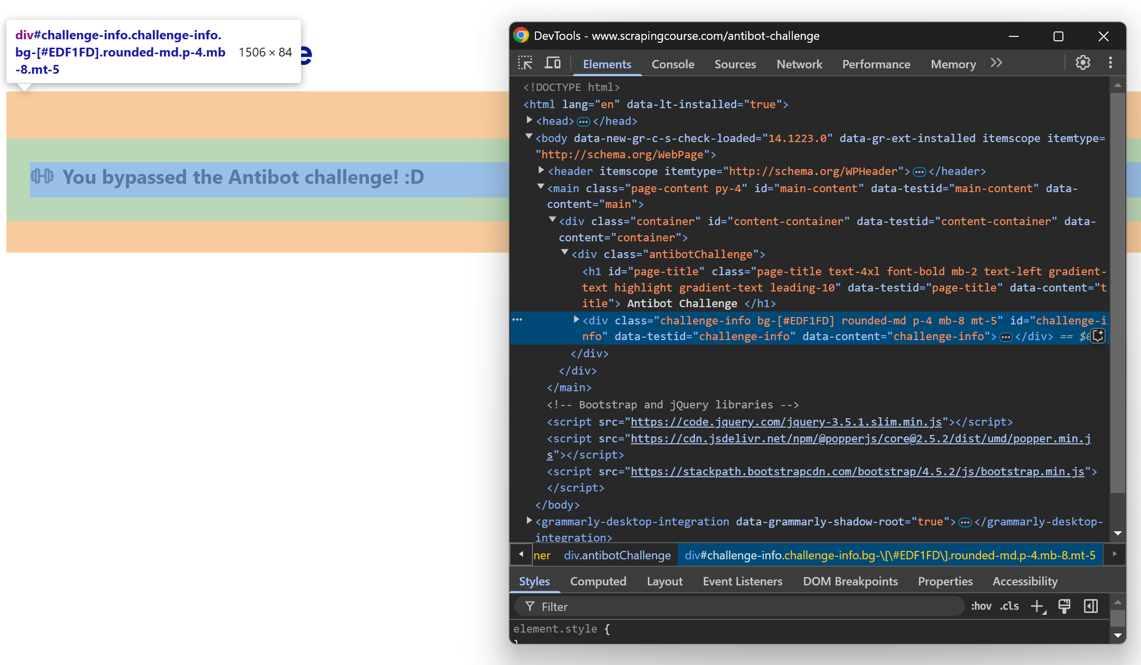 信息元素上的 DevTools 窗口