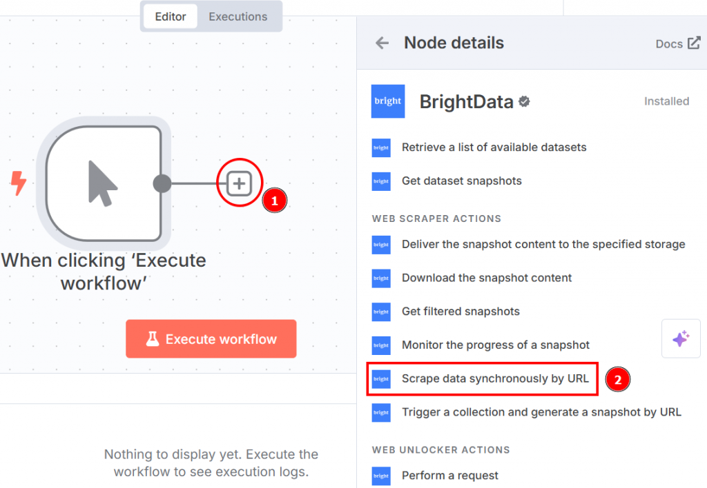 在 n8n 工作流程中选择 Bright Data 的节点