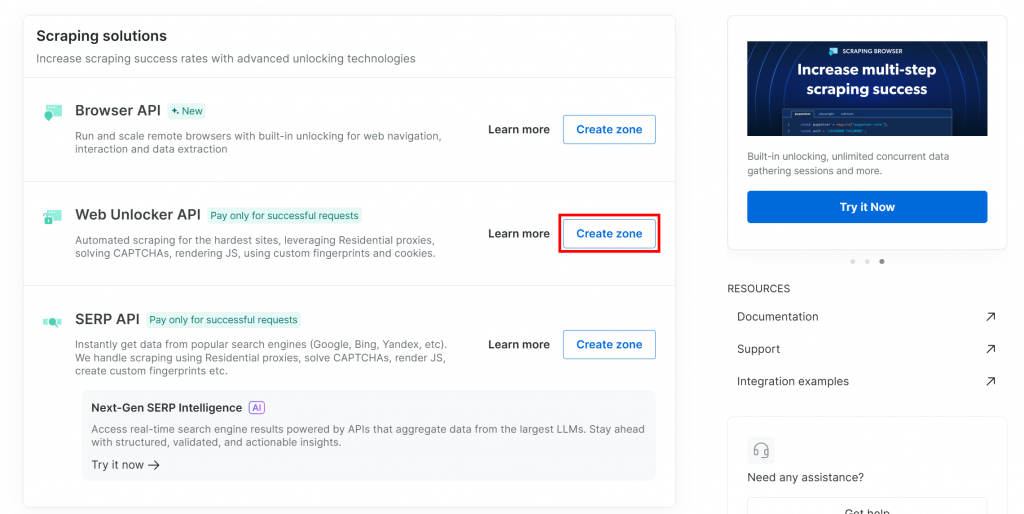 点击 "Web Unlocker API "卡上的 "创建区域