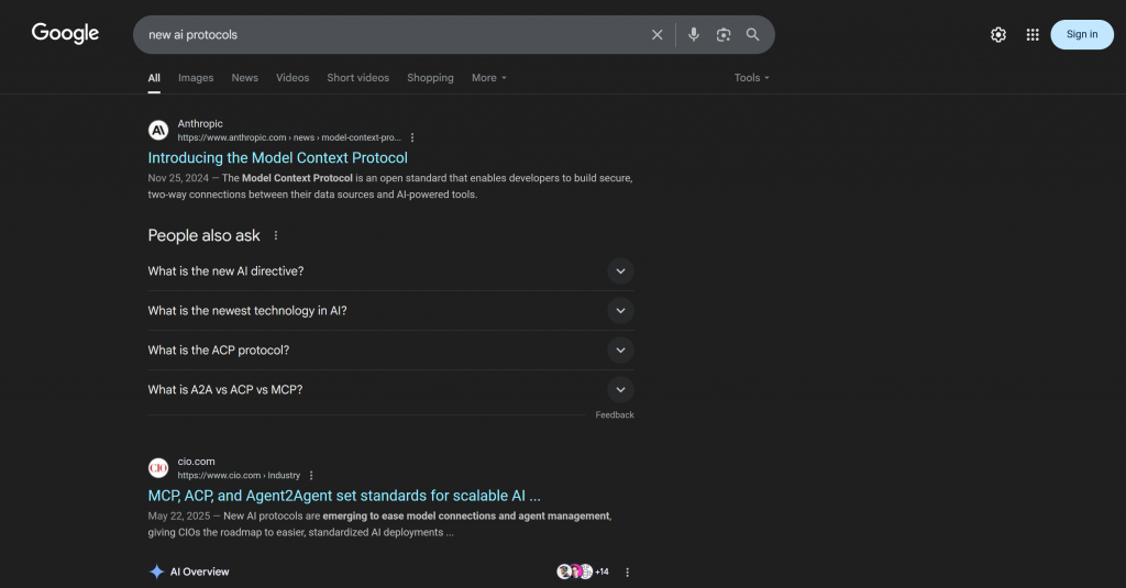 “new ai protocols” Google SERP 页面