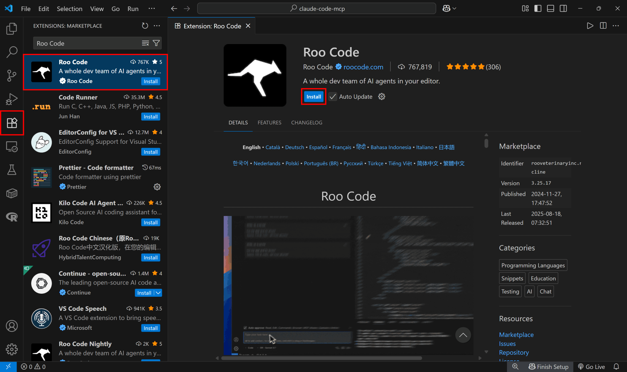 点击“Install”按钮在 VS Code 中安装 Roo Code