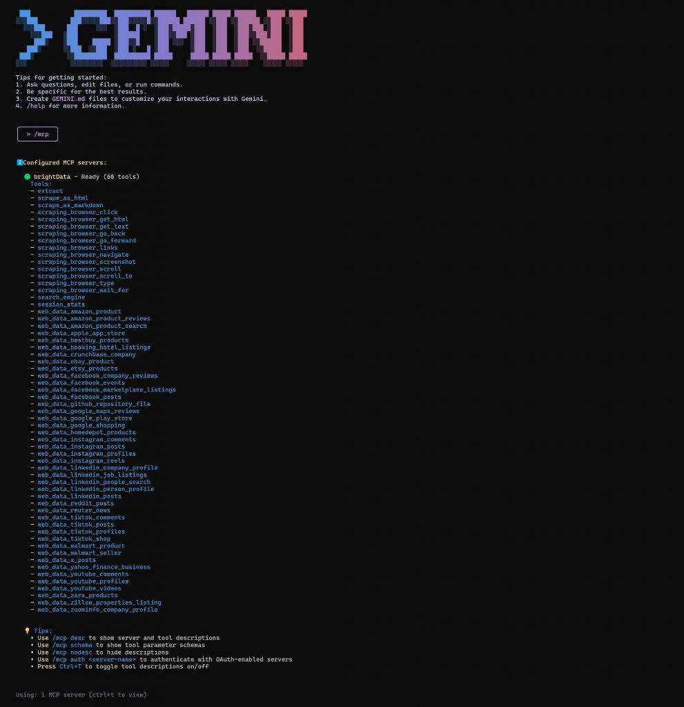 Gemini CLI 中的 Bright Data MCP 服务器集成