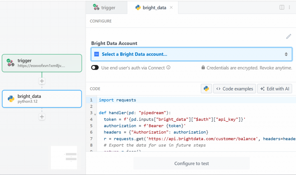 Pipedream 中的“Use any Bright Data API in Python”动作