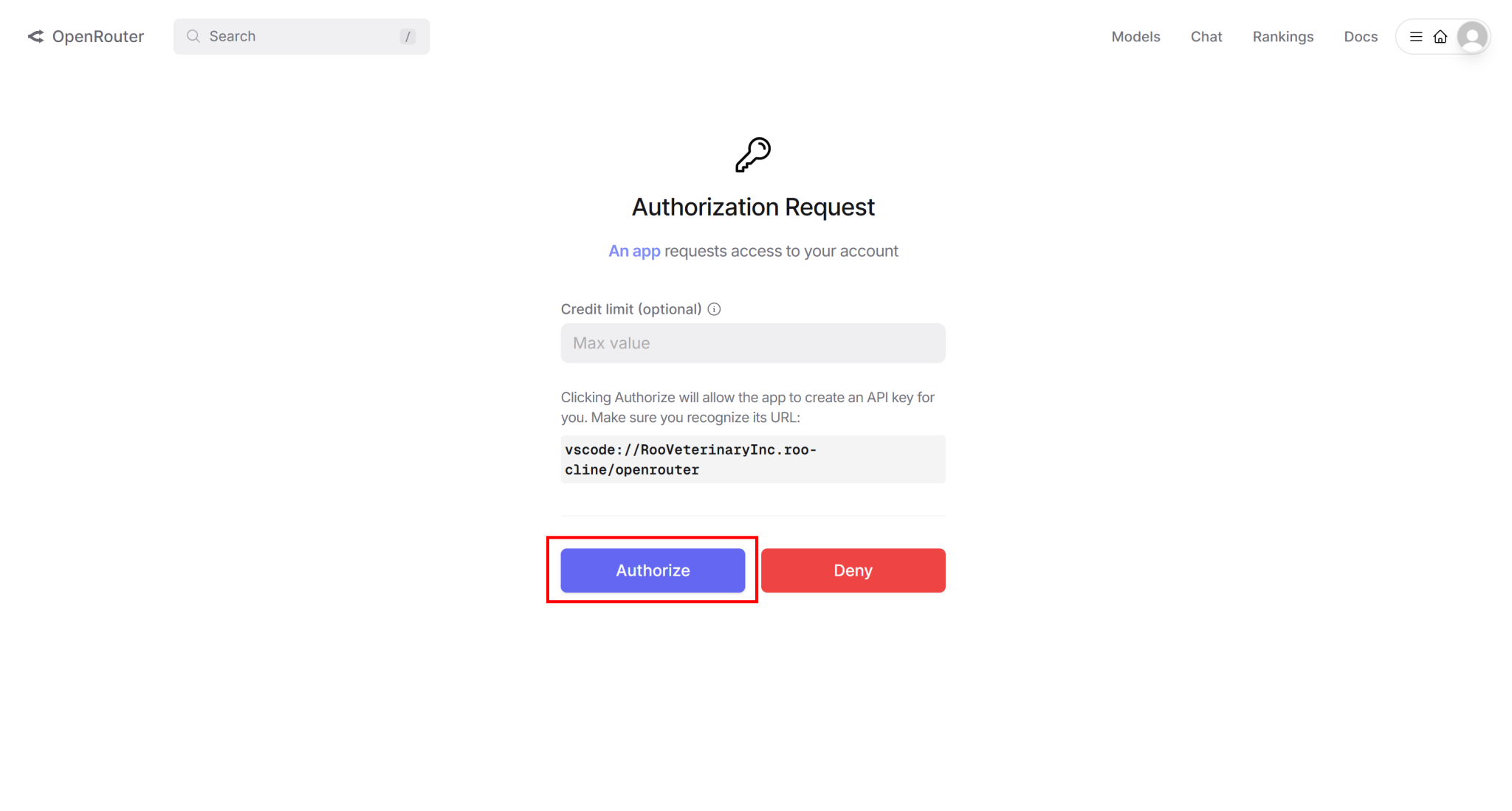 在 Roo Code 中点击“Authorize”以授权 OpenRouter 连接
