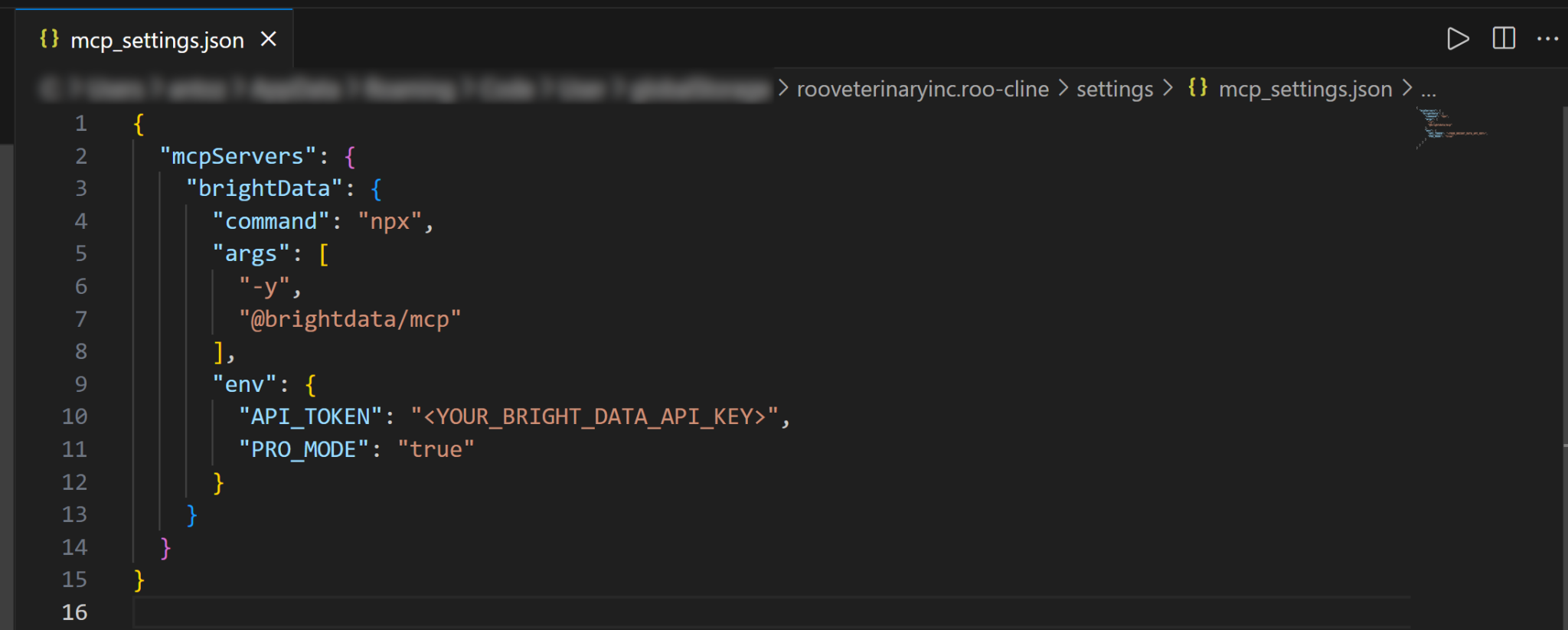 VS Code 中已填充的 mcp_settings.json 文件