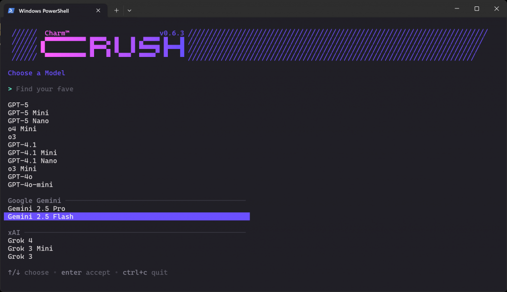 在 Crush 中选择要配置的 LLM 模型
