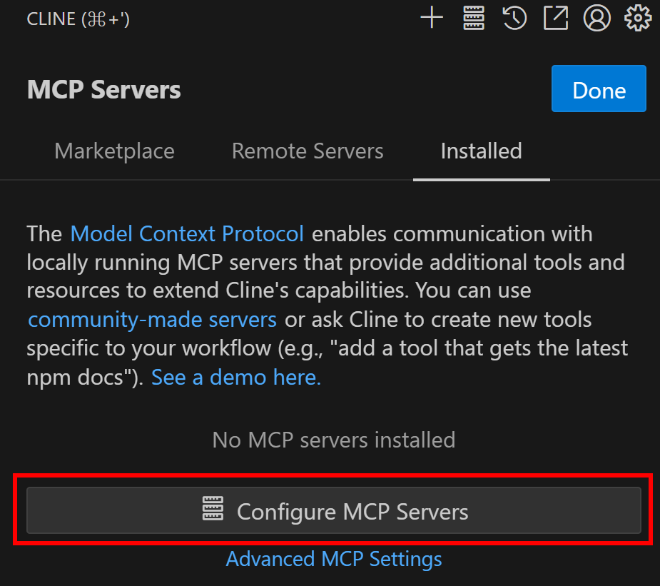 点击 "Configure MCP Servers" 按钮