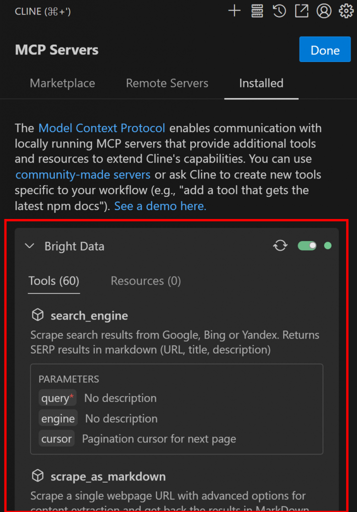 Bright Data Web MCP 服务器已连接