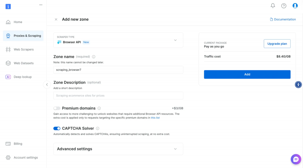 在 Bright Data 平台添加新的 Browser API Zone