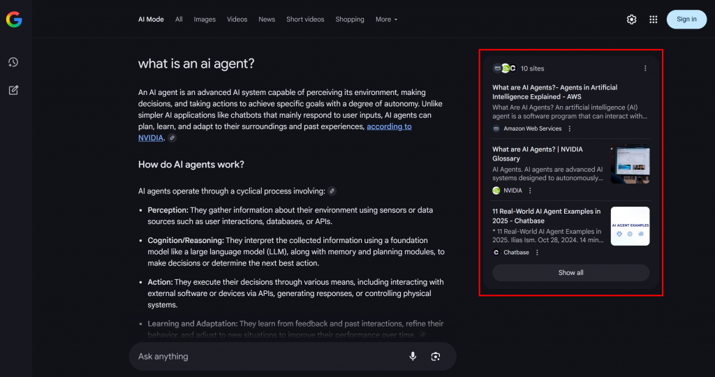 Google AI 模式结果页中的查询扇出