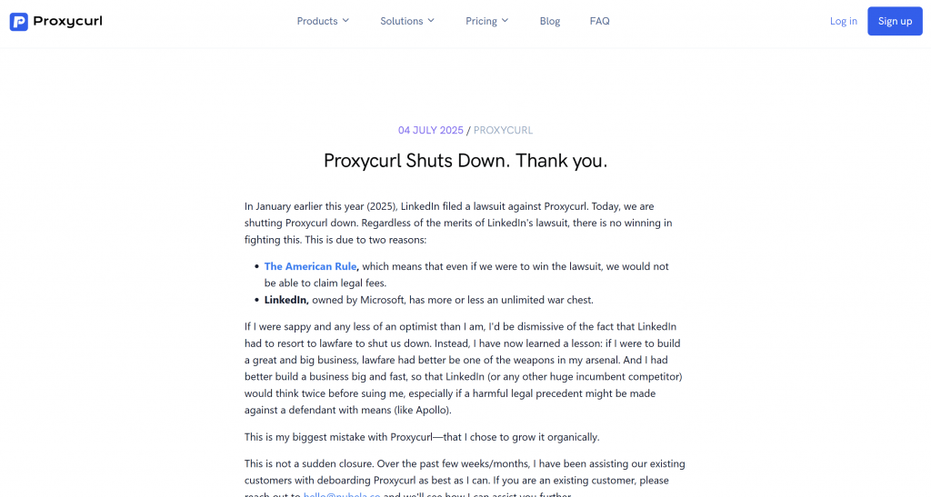 Proxycurl 宣布关停的消息