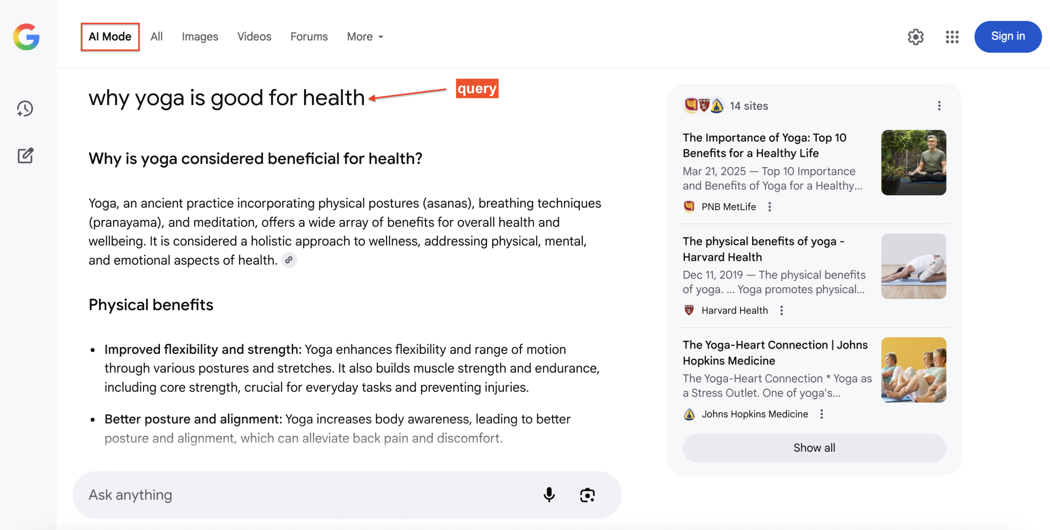带引用来源的 Google AI 模式回答面板