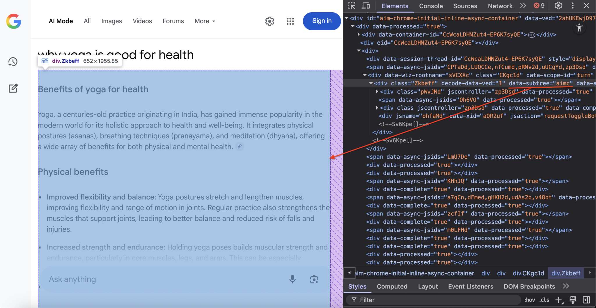 Google AI 模式 DOM 选择器（AIMC 容器）