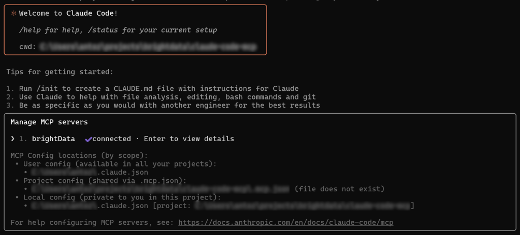 Claude Code 成功连接 brightData MCP