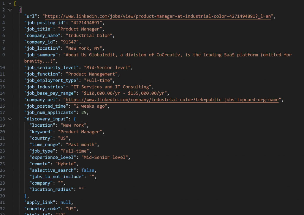 LinkedIn Jobs Scraper 生成的包含 LinkedIn 职位列表的 JSON 快照