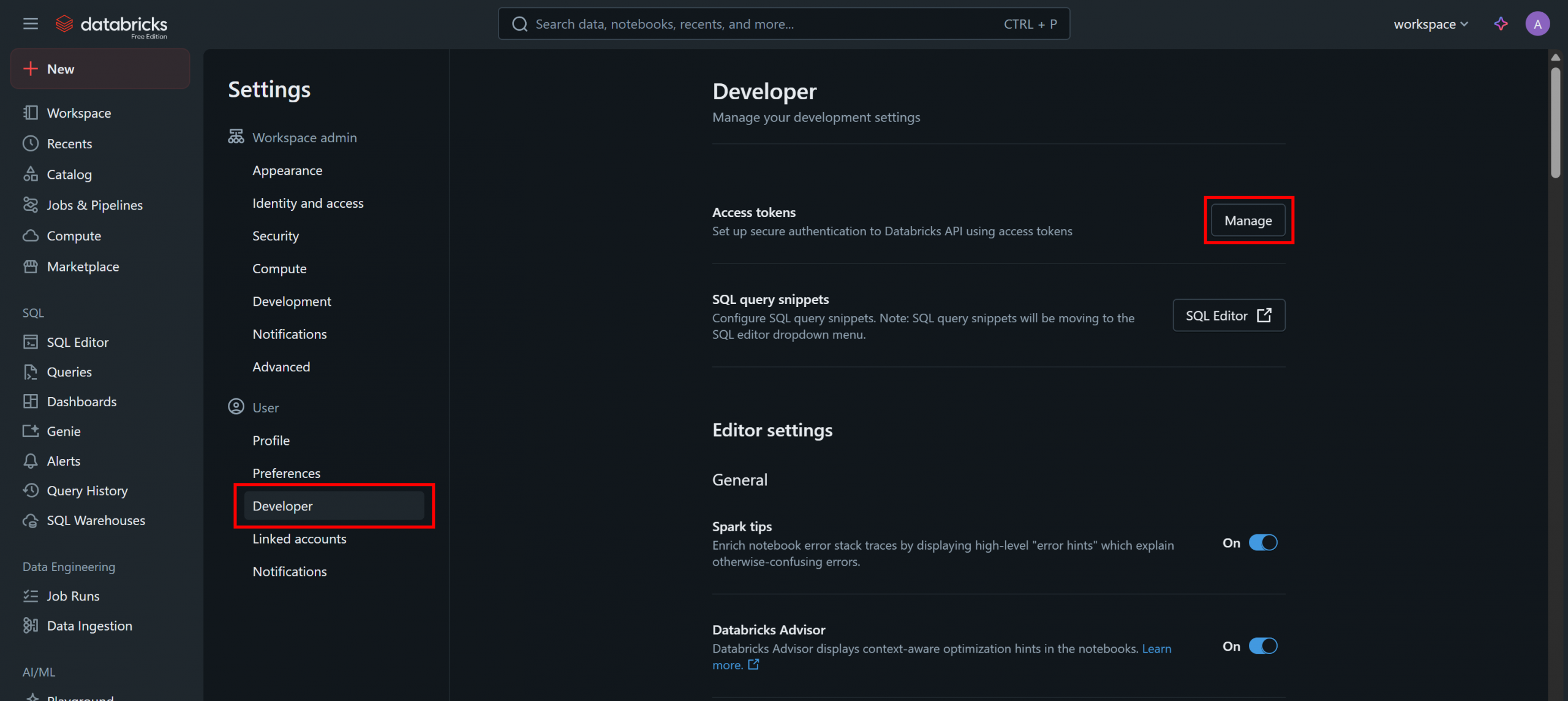 在“Access tokens（访问令牌）”部分点击“Manage（管理）”按钮