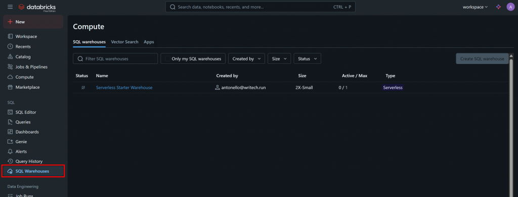 选择“SQL Warehouses（SQL 仓库）”选项