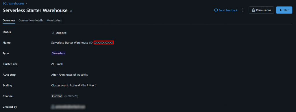 所选 Databricks 仓库的“Overview（概览）”选项卡