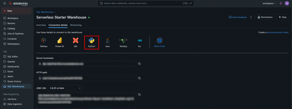 在仓库的“Connection Details（连接详情）”中点击“Python”按钮