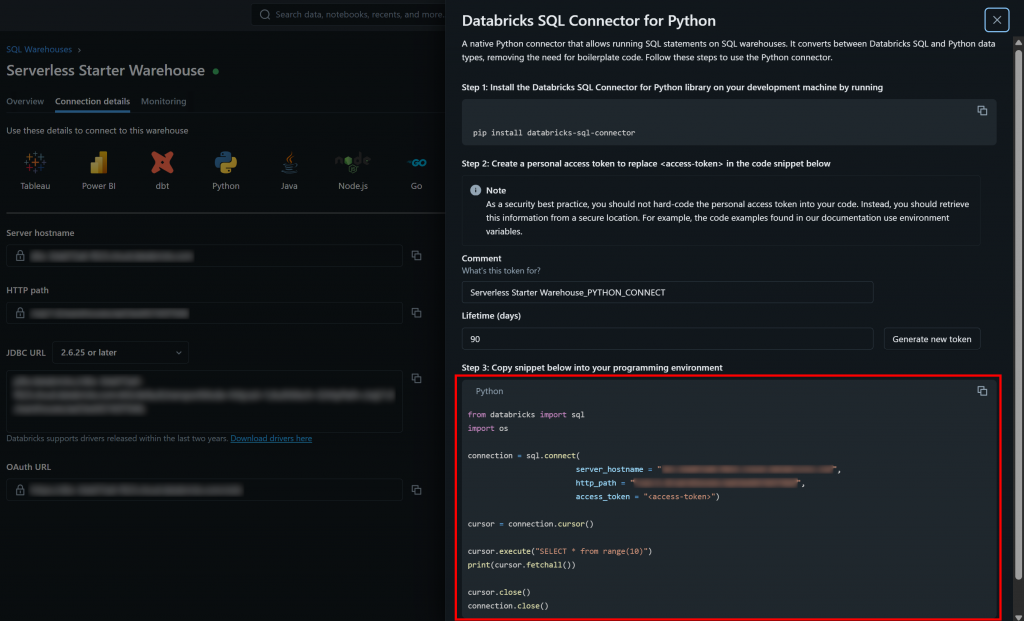 databricks-sql-connector 示例片段