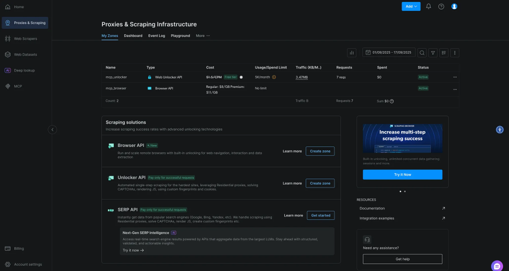 Bright Data 控制台显示免费层 MCP 请求