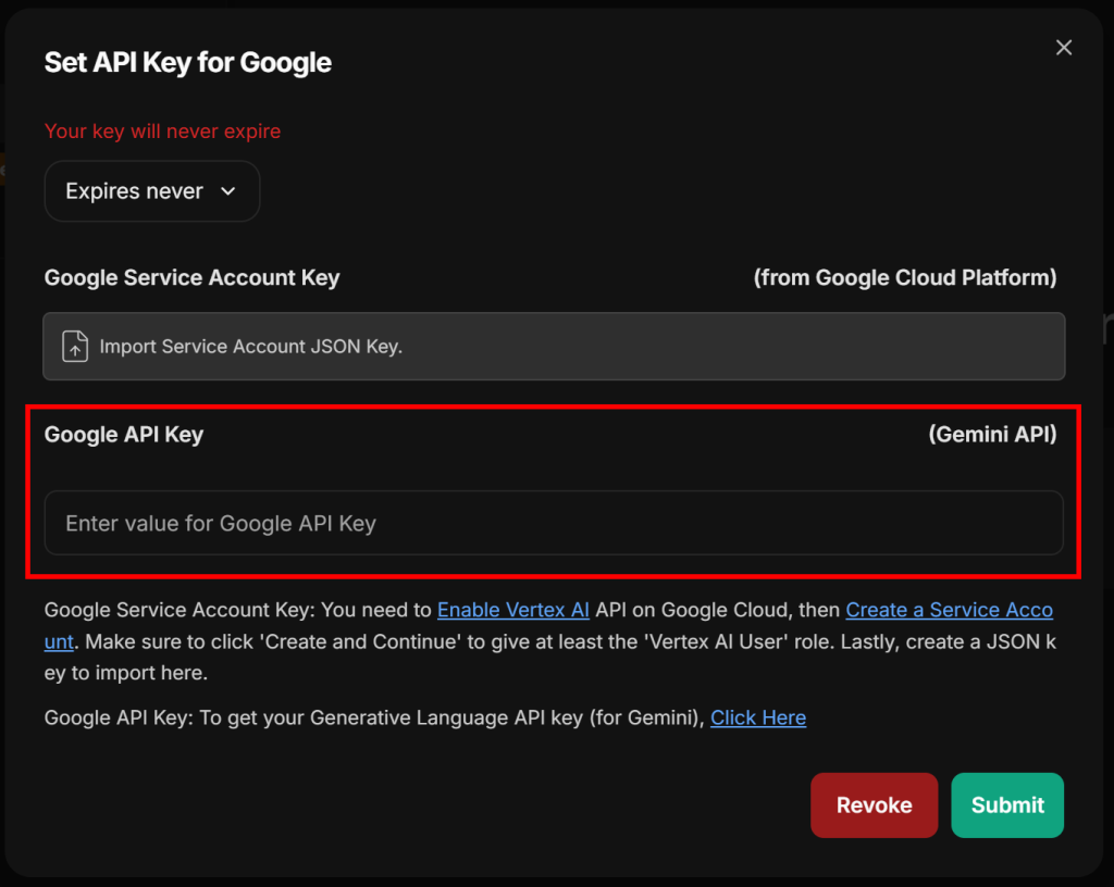 “为 Google 设置 API key”的模态框
