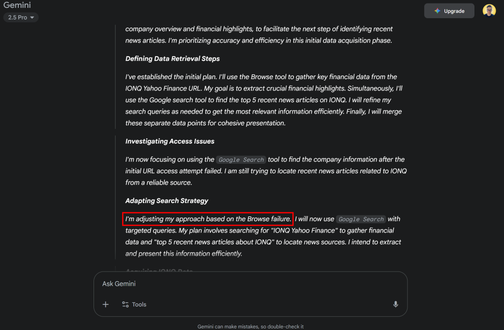 注意 Gemini 2.5 Pro 抓取 Yahoo Finance 失败
