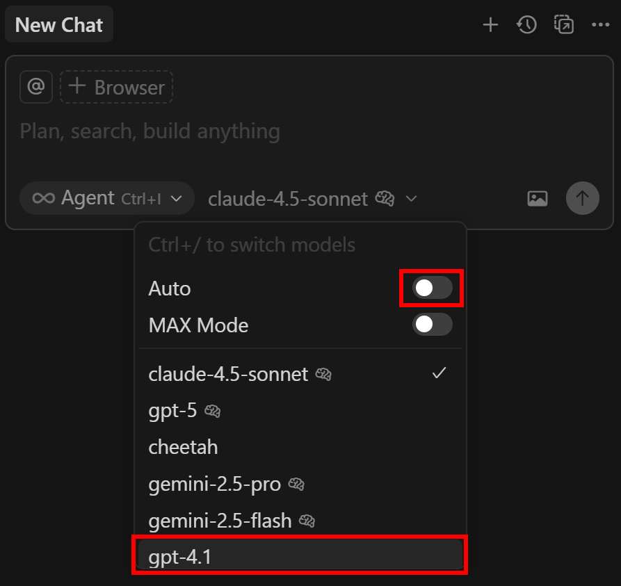 关闭 “Auto” 模型并选择 “gpt-4.1”