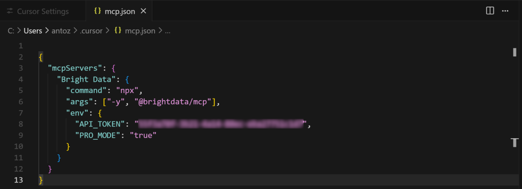 Cursor 中填写完成的 mcp.json 配置