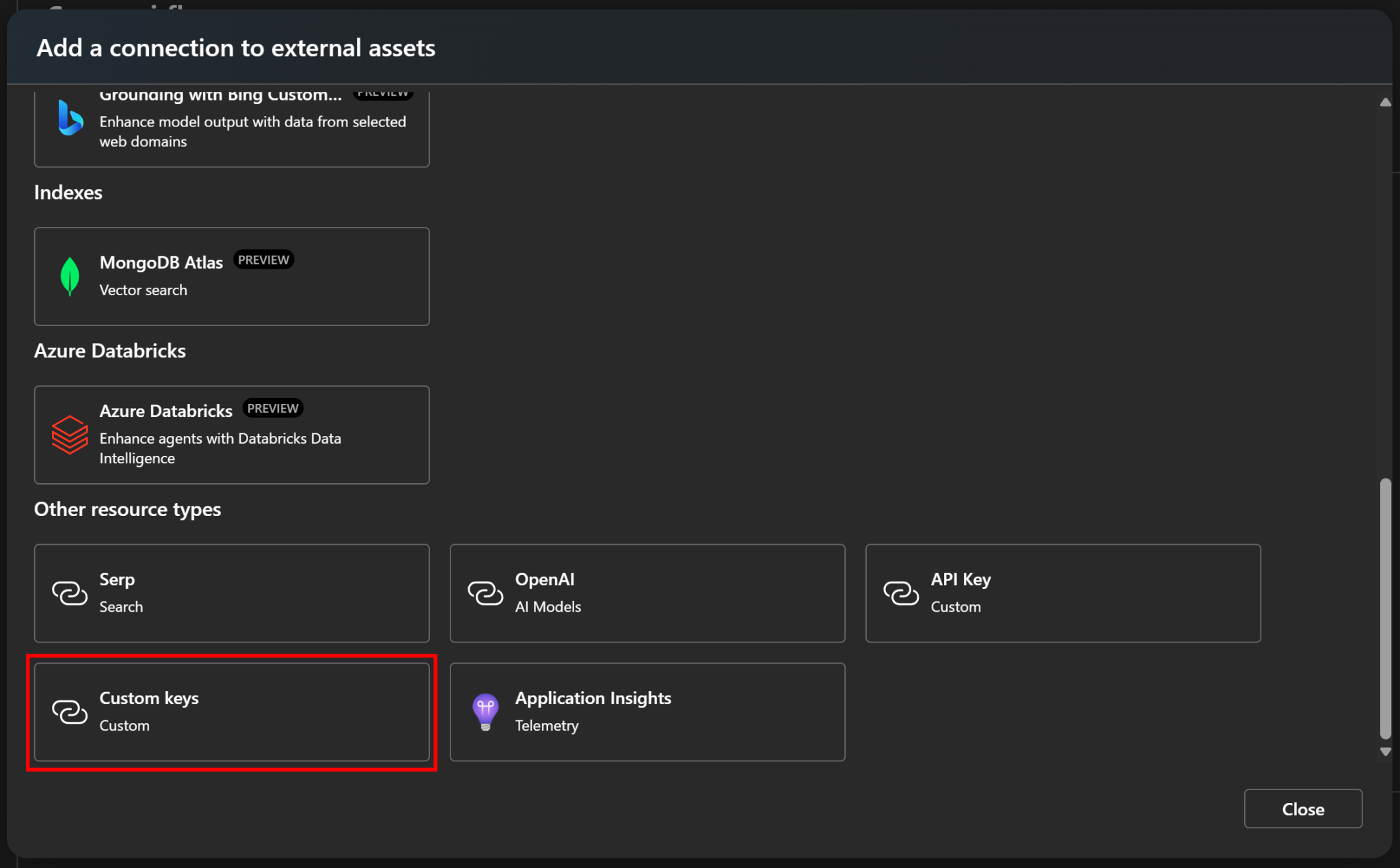 选择“Custom keys(自定义密钥)”选项