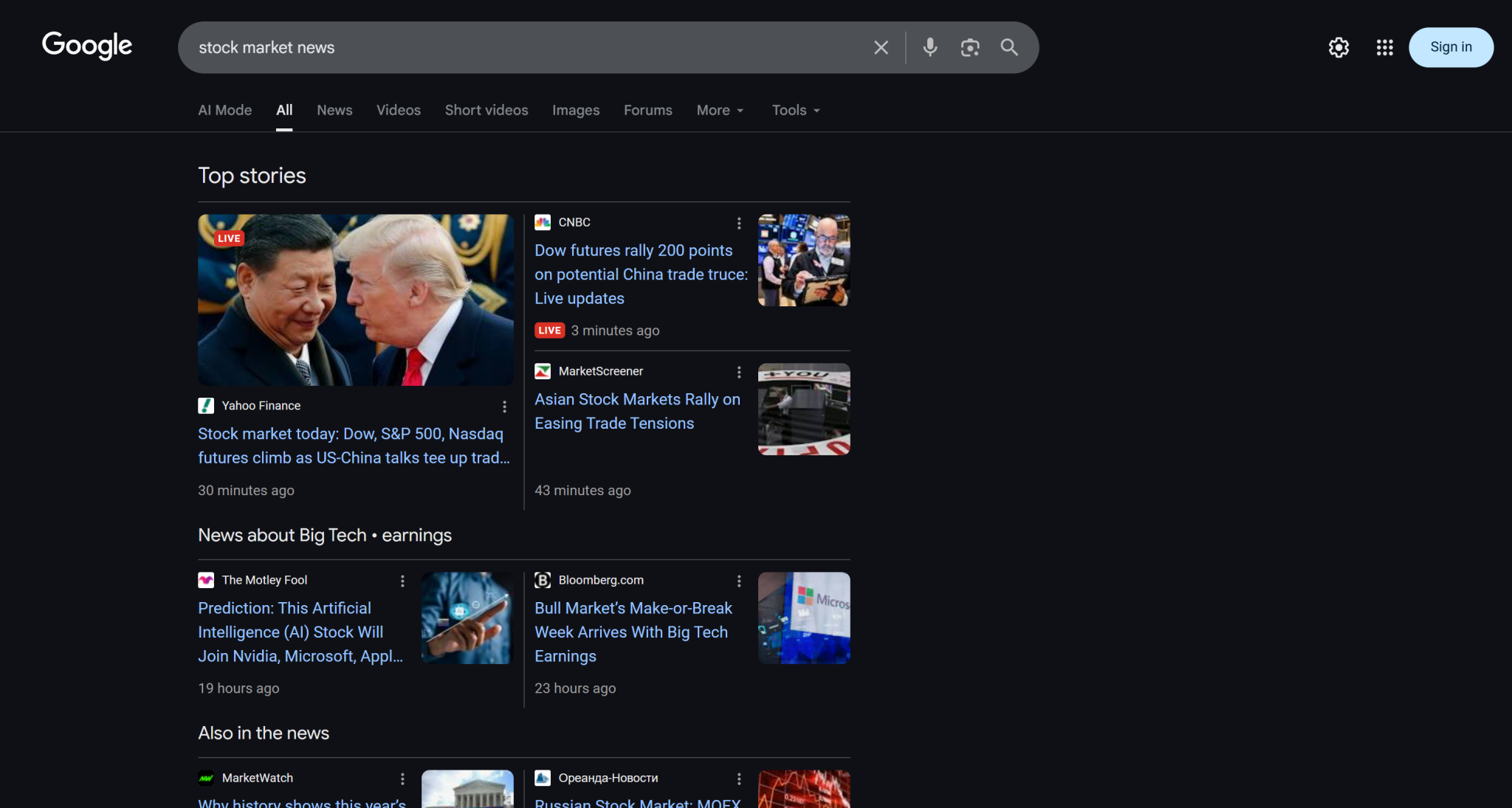 流程运行当日“stock market news”的 SERP