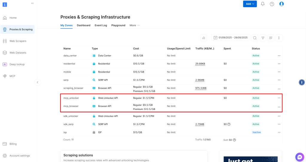 Web MCP 自动在你的 Bright Data 账户中设置的产品