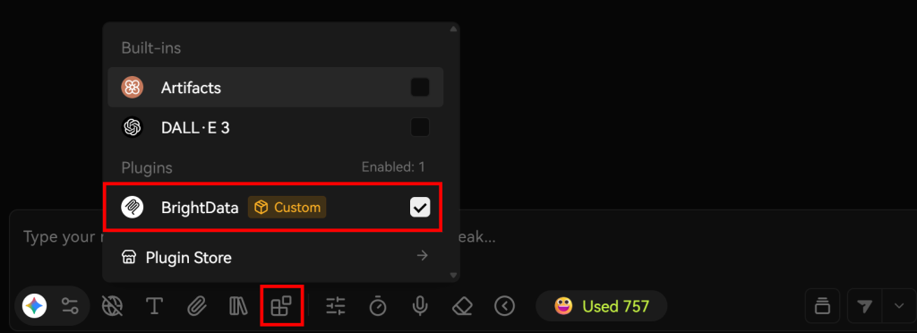 勾选启用“BrightData” MCP 插件