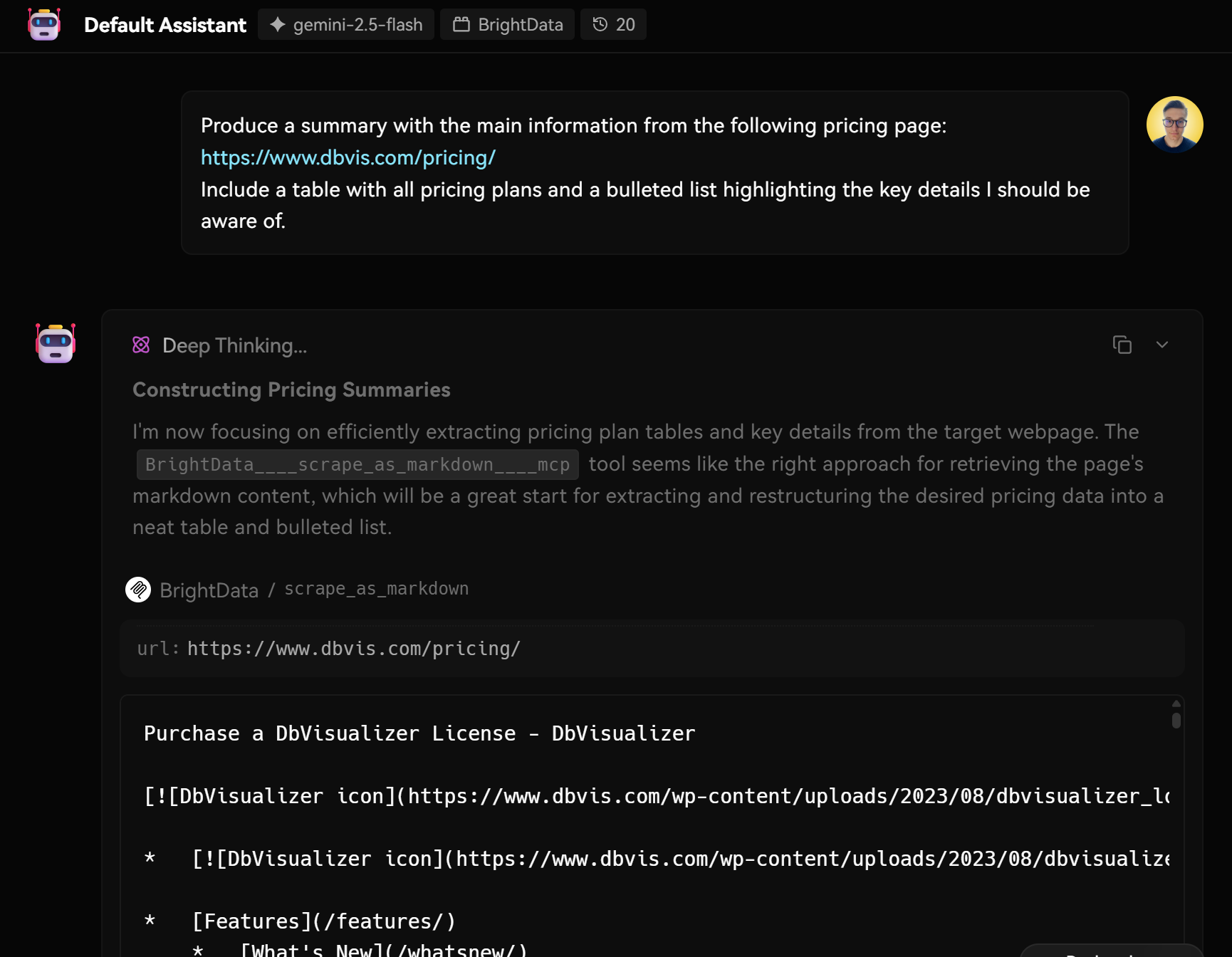 可见 scrape_as_markdown 工具的请求与响应