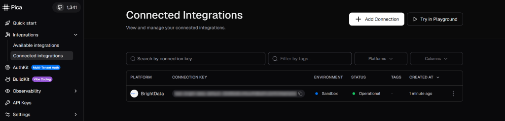 查看 Bright Data 已连接的集成