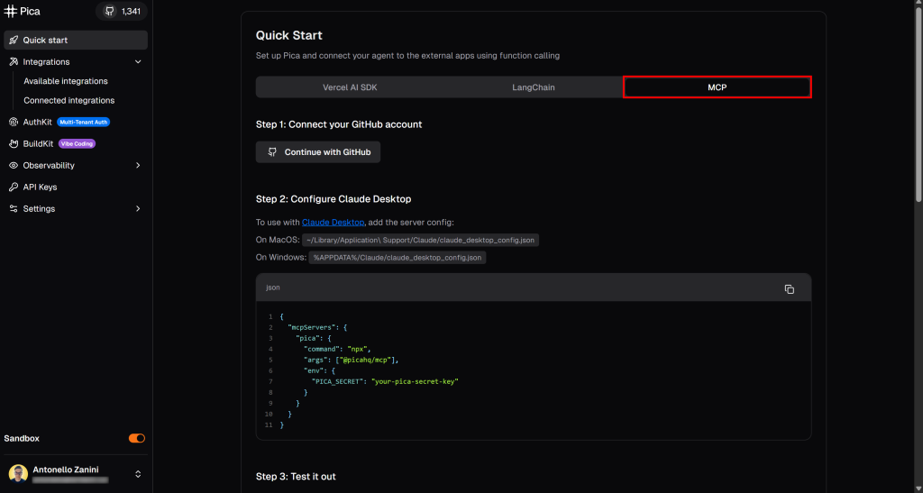 Pica 账户“Quick start(快速开始)”页面中的“MCP”标签