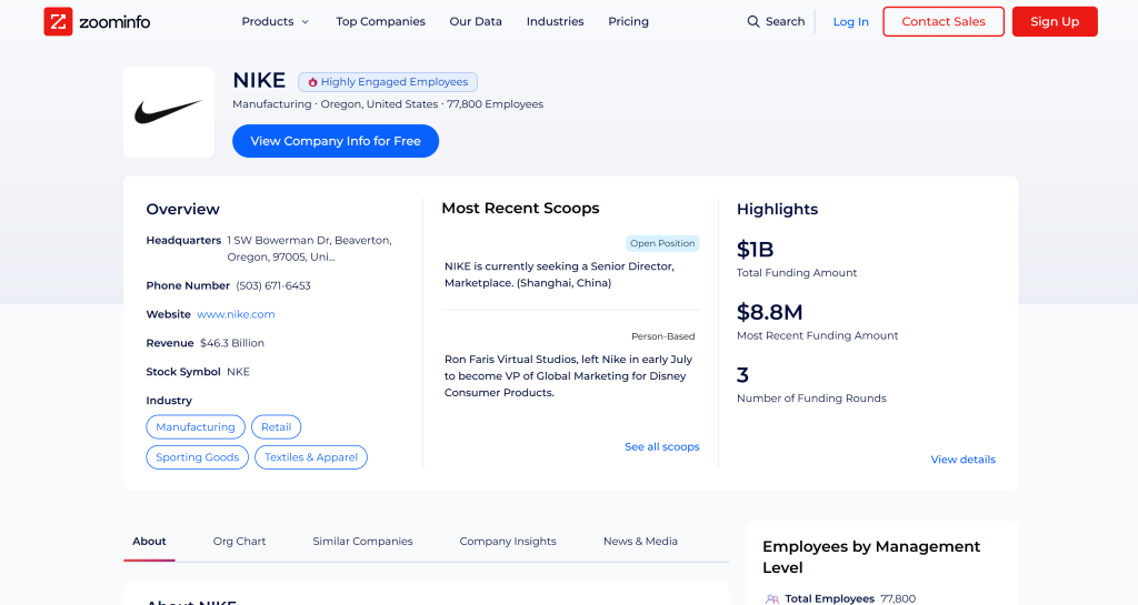 目标 ZoomInfo 公司资料页面