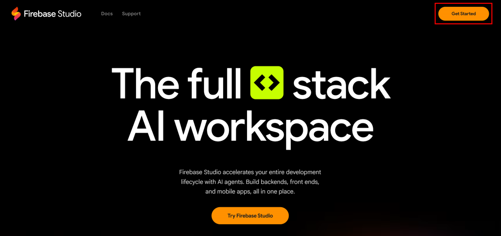 点击 Firebase Studio 的 "Get started" 按钮