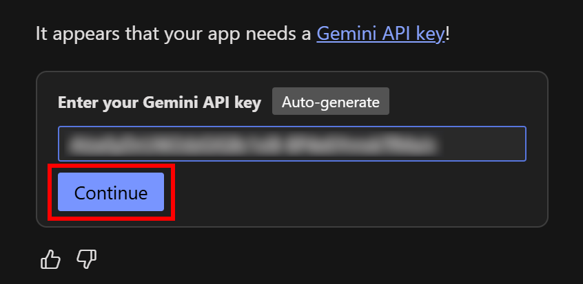 输入 Gemini API 密钥并点击 “Continue”